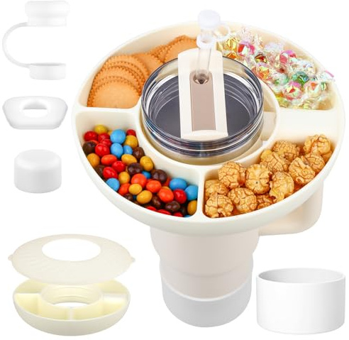 MOSTFUN Snacktallrik med lock för Stanley Cup 100 ml, återanvändbar kopp med sugrör skydd och skyddsgolv, snackskål med 4 fack för nötter och mat (beige)
