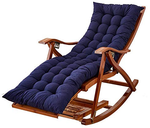 Sedia a dondolo in bambù con cuscino regolabile in cotone e poggiapiedi retrattile, portatile, per esterni, per giardino, piscina, cuscino blu incluso
