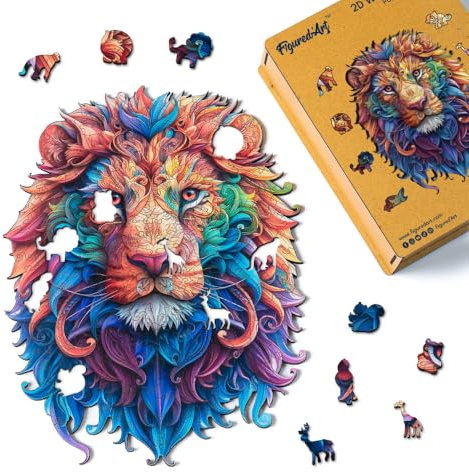 Figured'Art Holzpuzzle Erwachsene und Kinder 200 Teile Tiere - Lebhafter Löwe - Originelles Design 23,2x30,5 cm Einzigartige Form mit Premium-Holzkiste