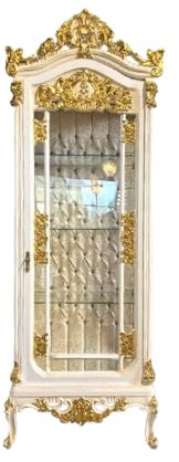 CasAmin Home & Living Baroque Style Display Cabinet: White Wood & Gold Leaf Showcase