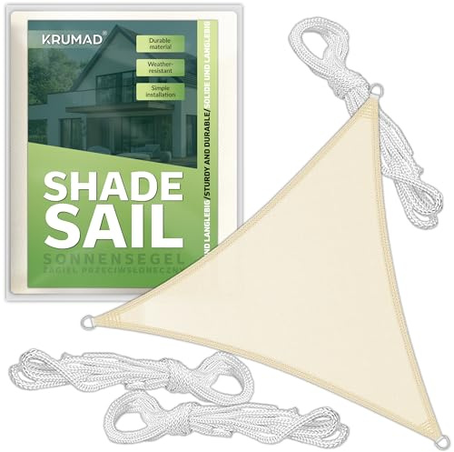 KRUMAD Sonnensegel Dreieckig 4m x 4m, Beige, UV-Schutz, Wasserdicht, Wetterfest, für Garten, Balkon & Terrasse, Atmungsaktives HDPE 160 g/m², inkl. 3 Befestigungsseile