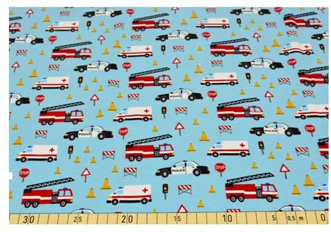 Jersey Stoff Baumwolljersey Feuerwehr Polizei Krankenwagen ab 50cm x 150cm Kinder Nähen Stoffe Grau-Rot