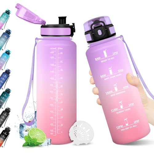 KollyKolla Borraccia 1.5L, Riutilizzabile, Bottiglia con Filtro, Borraccia con Indicatore del Tempo Motivazionale senza BPA, A Prova di Perdite, ideale per Adulti, Bambini, Scuola, Ufficio