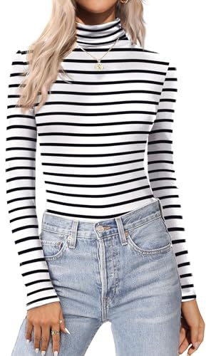 Zeagoo Maglietta Donna Maniche Lunghe Collo Alto T Shirt Righe Slim Fit Autunno Invernale Top Casual Basic Termica Camicetta Righe L