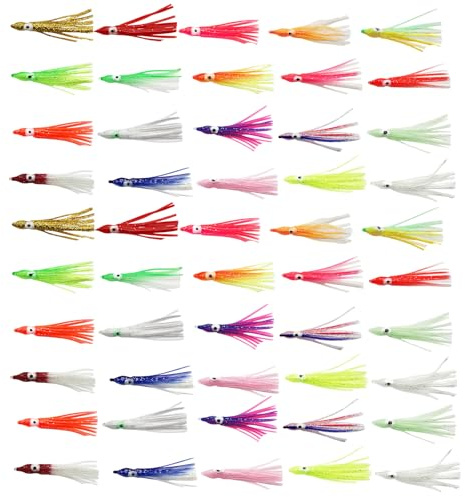 Lot de 50 appâts de pêche phosphorescents artificiels à la traîne - Leurres de pêche souples - Jupes de calamar - Attirants de poissons réalistes