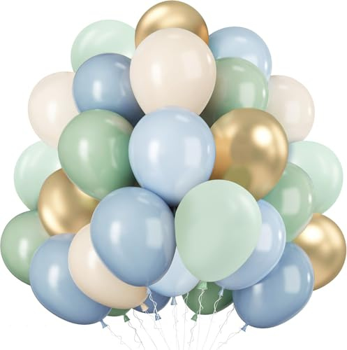 Luftballons Grün Blau Gold, 60 Stück Latex Ballons Salbeigrün Blaue Gold | Helium Ballons Grüne Blaue mit Latex Ballons Sand Weiß, Geburtstag Babyparty Hochzeit Jugendweihe Taufe Party Dekoration