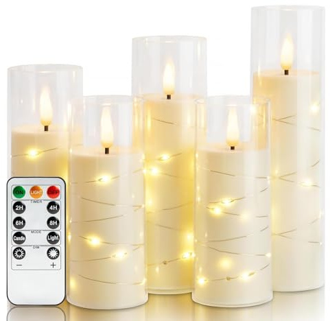 CERICAI Flickering Flameless Candles with String Lights, LED Battery Operated Candle with Remote Control and 24-Hour Timer, Electric Candles Set of 5, Home Decoration for Christmas Halloween (Ivory)