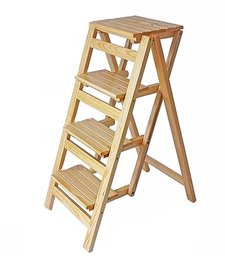 4-Step Folding Wooden Library Ladder Chair - Portable Convertible Stool for Home, Kitchen, DIY Projects & Display - Versatile Wooden Step Stool for Easy Access