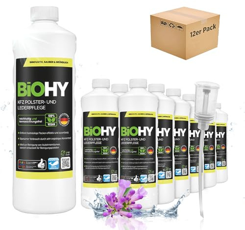 BIOHY KFZ Polster- & Lederpflege (12 x 1 Liter) + Dosierer | KFZ- Innenraum Aufbereitung & Lederpflege | hinterlässt angenehmen Geruch | Fleckenentferner für Autositze | ideal für Reinigungspistolen