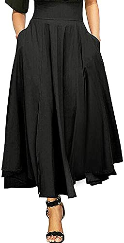 Angel ZYJ Gonna Lunga Vita Alta Elegante Vintage Maxi Gonna a Pieghe Spacco Gonna Retro Tasche Cintura Lunga Vestito da Donna