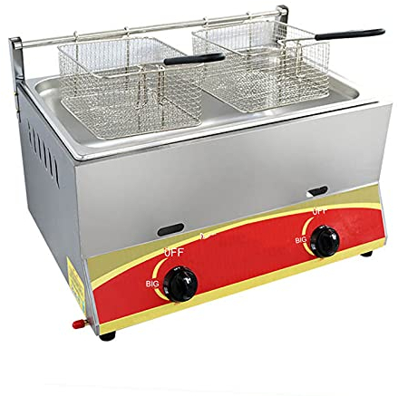 HOME UK Friteuse Commerciale Friteuse à gaz Friteuse Commerciale en Acier INOX avec Couvercle d'huile Anti-éclaboussures et Panier de friture, Puissance de feu réglable