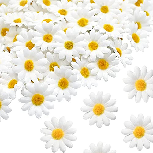 Yibang 100 Stück Künstliche Blumen, Weiß Seide Gänseblümchen Blütenköpfe, 4,5cm Mini Gänseblümchen Blume KöPfe Dekorative für DIY Kranz Tiara Craft für Hochzeit Festliche Party