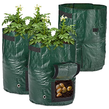 Relaxdays Kartoffel Pflanzsack 3er Set, Kartoffelsack mit Sichtfenster, 2 seitliche Henkel, HxD: 44 x 33 cm, dunkelgrün