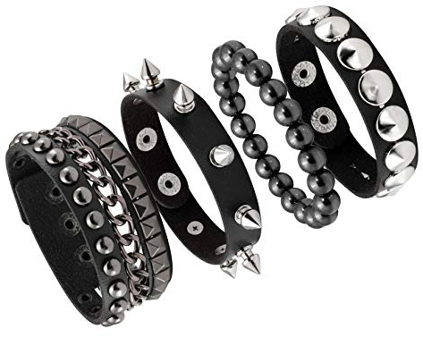JJDreams 4 Stück Punk Nietenarmband Schwarz Lederarmband Gothic Armreif mit Kette Verstellbare Armreif Set Biker Armband für Frauen Männer