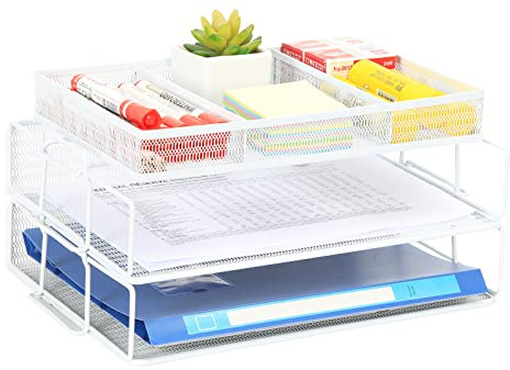 EasyPAG 3 Niveles Metal Malla A4 Bandejas Oficina Apilables Organizador Revistero Almacenamiento Papeles Soporte Archivador Clasificador Documentos Estante Carta,Blanco