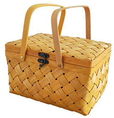 Holzhackschnitzel-Picknickkorb mit Deckel und beweglichen Griffen, natürlich gewebte Ostereier und Süßigkeitenkorb, gewebter Korb als Geschenkverpackung (Color : Wood Color, Size : 32 * 22 * 18.5cm)