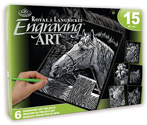 Royal & Langnickel - Set d'images à gratter Animaux domestiques, argent, 6 images, cheval, chiots et compagnie, images à gratter pour enfants et adultes, avec 2 crayons à gratter et des modèles