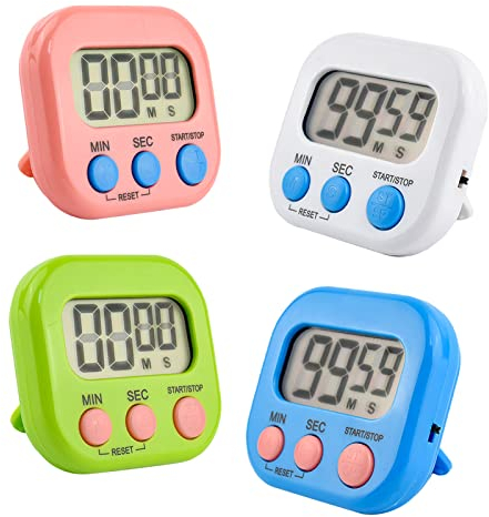 4 Stück Eieruhr Digital, Kikuo Kurzzeitwecker Digital, Große Ziffer Kurzzeitmesser Digital, Lauter Alarm Stoppuhr&Countdown Timer mit Rückenständer & Aufhängeloch zum Kochen, Badezimmer, Arbeitszimmer