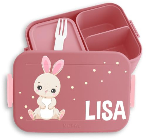 Kinder Bento Box Midi Lunchbox für Mepal Bentobox - Hase süß Hasen Hasenmotiv Langohr Rabbit - 900 ml - Rosa - brotdose mädchen kindergarten bunny rabbits snackdose jausendose schule tiere