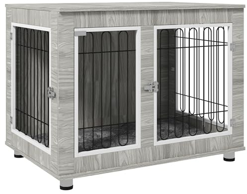 PawHut Dog Crate Furniture Indoor for Large Breeds 106 x 74 x 81.5 cm Grey | Dog Kennel Side End Table with Cushion, Double Doors