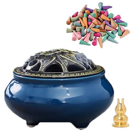 Offener Brenner, Incense Schüsselhalter, Kegel- und Sticks-Diffusor, Keramik Czense, 20 Kegel-Incense + Metallhalter (Tiefblau)