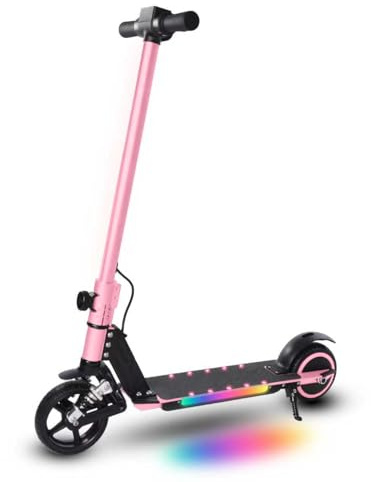 E-RIDES Elektroroller Kinder ab 6-12 Jahren, E Scooter mit Bunter Regenbogenlicht, 5-8KM Reichweite,Faltbarer Elektro Scooter Kinder, 130W Elektroscoote, Geschenk für Kinder und Jugendliche (Rosa)