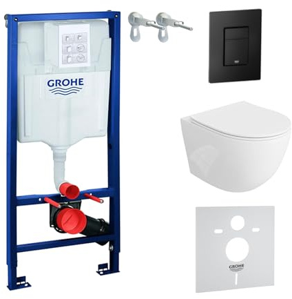 Lavita Vorwandelement Solido + Wand Hänge WC Sinto Weiß Spülrandlos + WC Sitz mit Absenkautomatik Schwarzer Knopf | Komplettset Unterputz Spülkasten Toilette Komplett Sett WC