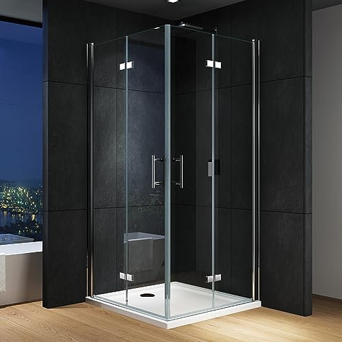 IMPTS Duschabtrennung 90x100cm Eckeinstieg Flattür Duschkabine Flatbar Doppel Duschtür Rahmenlos Falttürkabine 5mm ESG-Glas 180°Drehfalttür Duschwand Faltdusche eckdusche Höhe 195cm