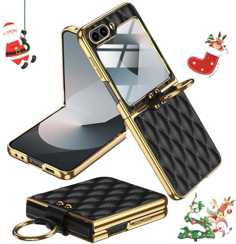 Miimall Custodia in Pelle per Samsung z Flip 7 FE & Flip 6, Cavalletto ad Anello Rotante, Telaio Antiurto Elettrodepositato con Pellicola Protettiva HD, Case per Samsung Flip7 FE & Flip6, Nero