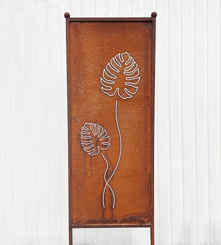 STEINFIGURENWELT GIEBEN Edelrost Sichtschutz mit 2 Monstera Blätter Motiv 162 cm x 53 cm Paravent zum Stecken Schild Gartenschild Gartenstecker Edelrost Gartendeko Wetterfest Rost Metall Zaun