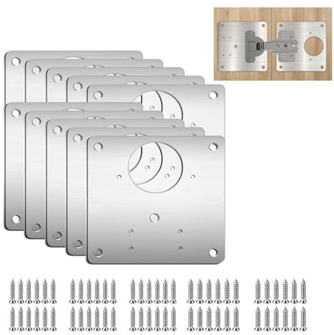 10 PCS Cabinet Hinges Repair Plate with 60 PCS Fixing Screws, 9cm x 9cm Kitchen Cupboard Door Stainless Steel Hinge Repair Brackets Kit, Protect Wooden Kitchen Cabinet Door Furniture - (10)