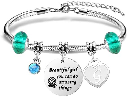 Inspirational Bracelet Jewellery Gift For Girls,Silver Heart Pendant 26 Initial Letter A-Z Bracelet For Daughter Sisters Friends Beautiful girl you can do amazing things (G)