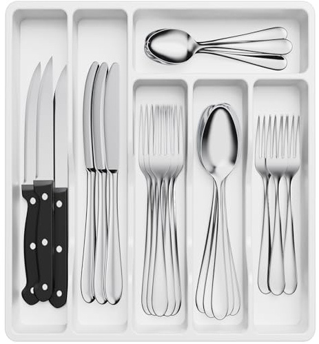 Lifewit Besteckkasten für Schubladen, Besteck Organizer Schublade Organizer Küche Kompakt Besteckeinsatz Utensilienhalter für Schublade aus Kunststoff für Löffel, Gabeln, 6 Fächern, Weiß