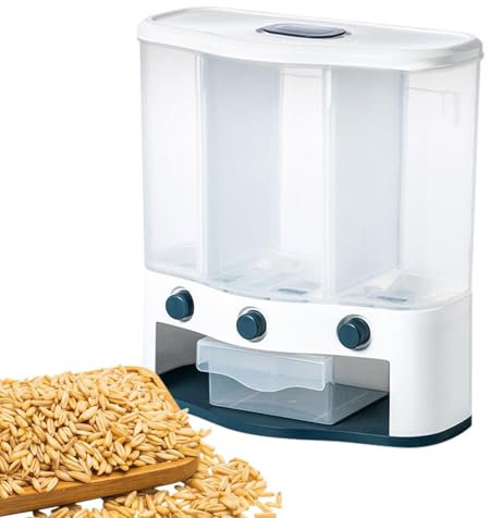 Lumiscent Grain Storage - Dry Food Dispenser | Rice Storage Container | Cereal Dispenser Countertop | 3 Grid Grain Food Container With Cup, Large Rice And Beans Dispenser For Kitchen Laundry Room