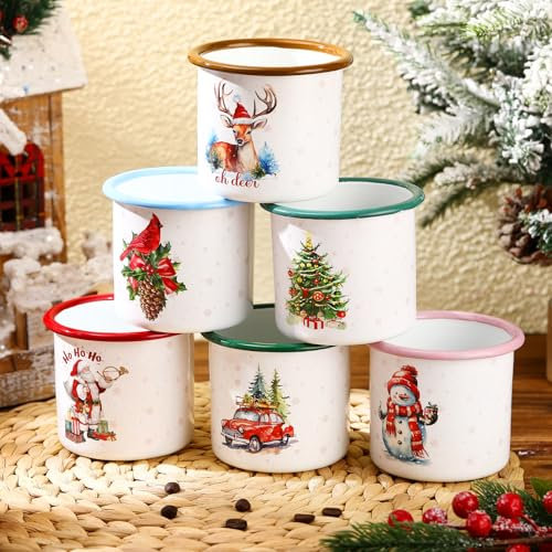 Geiserailie 6 Pcs 12 oz Christmas Coffee Mugs Christmas Bulk Enamel Mugs Holiday Xmas Gifts for Family Friends and Colleagues Home Decorations(Light Color,Series)