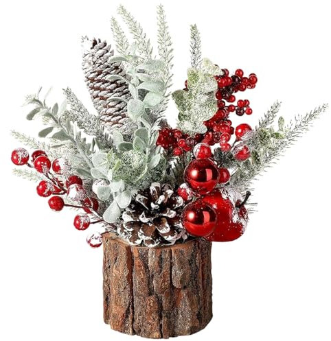 Pièce centrale de Noël, décoration de table de Noël, arbre de Noël artificiel avec baie rouge, pignons de pin ＆ verdure, centres de table de Noël bricolage pour cheminée de cheminée à la maison