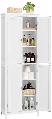 VASAGLE Floor Storage Cabinet, Freestanding Storage Unit with 4 Doors, Adjustable Shelves, 11.8 x 23.6 x 66.9 Inches, for Entryway, Bathroom, Cloud White UBBC550W01
