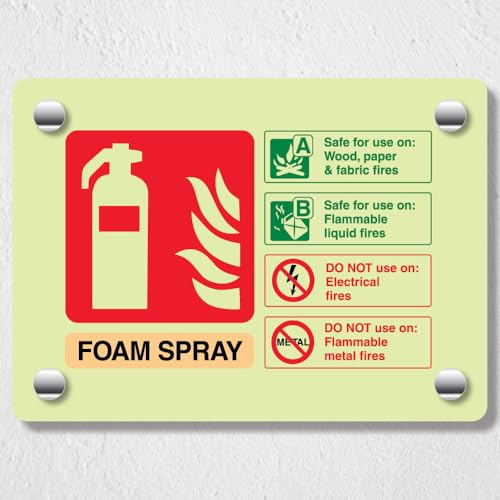 V Safety Foam Spray ID - Letrero acrílico para extintor de incendios que brilla en la oscuridad, paisaje 150 x 100 mm, señalización de seguridad duradera e inastillable