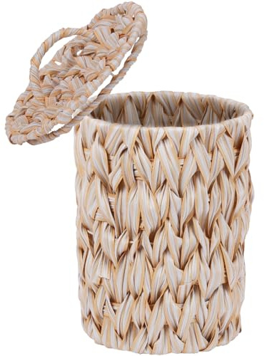 hardcometrue Bote de basura de mimbre bohemio con tapa, impermeable, para baño, tejido a mano, cestas de basura de mimbre para cocina, oficina, dormitorio