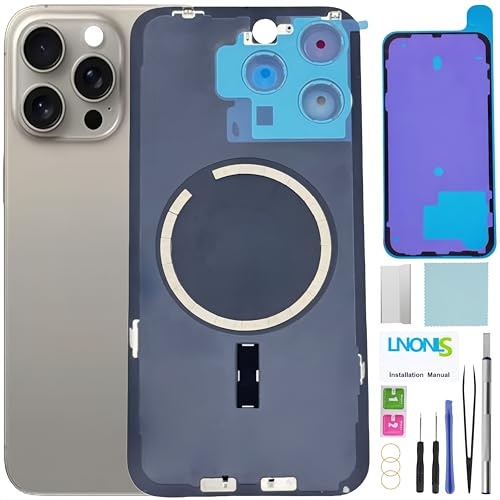 LNONLS 15 Pro Max Back Glass Replacement for iPhone 15 Pro Max Rear Back Cover Glass Waterproof and Camera Lens+Professional Repair Tool Kit (Natural Titanium)