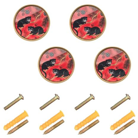 EtherSpher Knäufe für Küchenschränke, rund, 32 mm, anpassbar, schwarz, asiatische Palme, Zivet, rote Kieferbäume, Frohe Weihnachten, 4 Stück