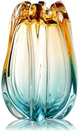 Hand Blown Glass Flower vases, Unique Glass vases, Wide Mouth vases, Small Modern Art Deco Glass vases for Home Living Room, Office, Table centerpieces, Bookshelves and Wedding Decorations