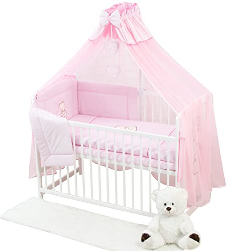 Generisch 12 Teiliges Kinderbett mit Matratze Bettzeug und Zubehör - Teddybär mit Herz (Rosa)