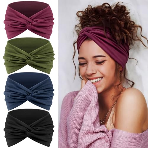 Tumurup 4 Bandeau Cheveux Femme, Turban Serre Tete Femme– Large Bandeau Sport Headband Élastique Doux pour Yoga & Fitness – Mode Accessoire Cheveux