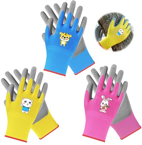 HJJMN 3 pares de guantes de trabajo para niños, guantes de jardinería de alta calidad para niños de 3 a 6 años, guantes de trabajo de dibujos animados para niños, guantes de protección antideslizantes