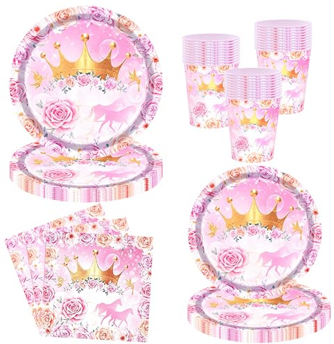 Princess Party Decorations, Princess Party Tableware, Serves 20, Pink Paper Plates, Napkins, Cups for Castle Birthday Supplies