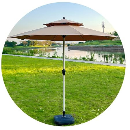 Parasol de Jardin en Toile, Parasol de 2,7 m, Parasol de Table, Protection UV et Parasol de Plage imperméable avec Base remplie d'eau(Khaki)