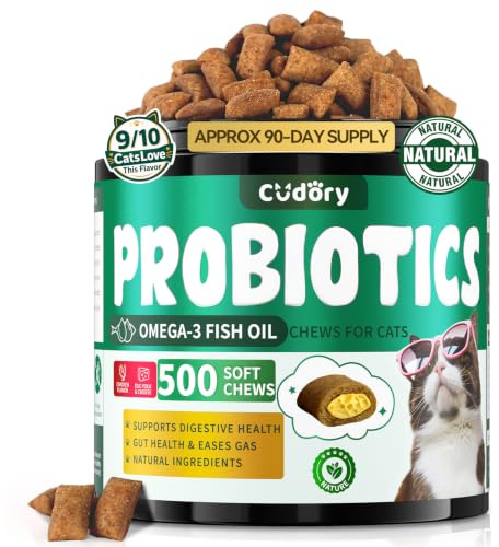 Cat Probiotics Treats for Digestive & Gut Support - 500 Crunchy & Creamy Cat Snacks - Cat Gut Health, Constipation Relief, Healthy Stool, Natural Supplement for Cats, Chicken Flavor (90-Day Supply)