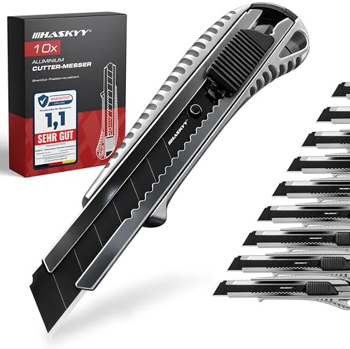 HASKYY Cuttermesser Teppichmesser Cutter Set 18mm 10 Stück SK5-Hochkarbonstahl extra scharf, Ergonomischer Alu-Körper & Gummigriffzone, Integrierter Klingenbrecher