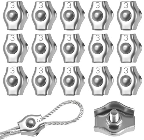 15 Pezzi Morsetti per Filo Stendibiancheria,Morsetti Inox M3,Morsetto per Fune Metallica,Morsetto per Cavi in Acciaio Inox 2 mm 3 mm,Morsetti Per Fune Metallica Tenditore Per Tende Da Sole Fisso